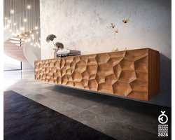 Tv-meubel Solu acacia natuur 220 cm 2 deuren 4 laden zwevend lowboard 3D front