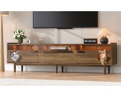TV-meubel - tv kast met LED-verlichting, kattenhuis/kattenhol, opbergruimte, glazen deuren, lade, kabelgaten, verhoogde poten, walnootkleur notenhout look, mediameubel voor woonkamer - 180x40x50 cm
