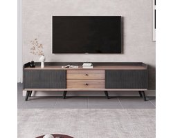 Tv Meubel – TV Kast – TV Meubel Modern – Hifi Meubel – Lowboard – Zwart Met Natuurlijk Hout – 160 cm Breed – 2 Schuifdeuren & 2 Lades