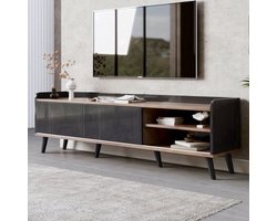 Tv Meubel – TV Kast – TV Meubel Modern – Hifi Meubel – Lowboard – Zwart Met Natuurlijk Hout – 160 cm Breed – 2 Schuifdeuren & 2 Lades