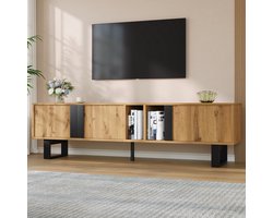 TV-Meubel - TV-lowboard met 3 deuren en asymmetrische vakken - Open planken en zwarte ijzeren poten - 160 cm - Natuur