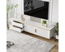 TV meubel - TV meubels - Wit - 180x40x50 cm - Het tafelblad heeft een marmerpatroon - Met lades en opbergkast met dubbele deur - luxueus Gouden lijnen - TV meubel - Moderne