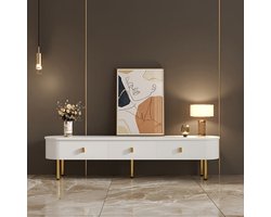 Tv Meubel – Tv Stand – Tv Kast – Tv Meubel Met Laden – Tv Dressoir Wit – Vloerstaand Met Gouden Poten – 3 Laden – Marmer-Effect Topblad