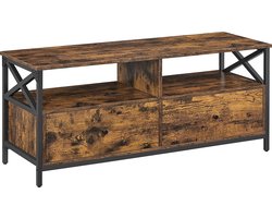 TV-meubel, TV-tafel, lowboard voor TV's tot 55 inch, met 2 laden, 2 open vakken, 120 x 40 x 50 cm, voor in de woonkamer, stalen frame, vintage bruin-zwart LTV300B01