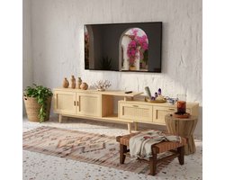 TV-meubel Uitschuifbaar 146-180cm - ADFBL - Japandi Lowboard Houtlook - TV Kast voor TV tot 75 Inch - Scandinavisch Design met 2 Lades en 2 Deuren - Geweven Rotan-look