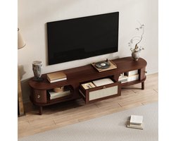TV-meubel Urbanhome Natura – Massief Houten TV-kast met Rotan Laden en Lamellen Deuren – 170 cm – Rustieke en Natuurlijke Opbergoplossing voor Woonkamer