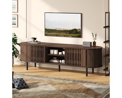 Tv-meubel van 160*40*47 cm, een laag meubel met twee zijvakken, woonkamermeubel, opengewerkt houten ontwerp, walnootkleurige tv-tafel, tv-meubel met 5 steunpoten, geschikt voor tv's tot 65 inch.