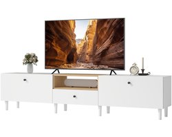 Tv-meubel van 200 cm voor tv's tot 90 inch - 2 neerklapbare vakken - 1 open vak - 1 lade - 8 poten - wit