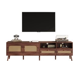TV-meubel van 200*37*49,5 cm voor 80-inch tv's met 2 rotandeuren, 2 lades, lowboard met 8 poten, bruin modern entertainmentcontrolecentrum