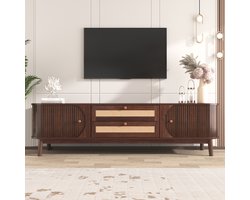 Tv-meubel van gemengd naturel hout met deuren en lades - tv-meubel met rotan zijkanten - 170 x 39.5 x 46 cm