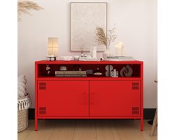 TV-meubel van metaal met deuren – Urbanhome Retro Steel Lowboard 100 cm – Rood – Met verstelbare planken – Industriële tv-kast voor woonkamer