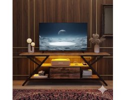TV-meubel voor 55 inch televisie – Rustiek bruin TV-kast met LED verlichting, 2 stoffen laden en opbergvakken – Industrieel lowboard entertainment center voor woonkamer en slaapkamer | Yesdeals