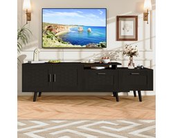 Tv-meubel voor 55-inch tv, laag tv-meubel met 4 deuren van MDF, tv-kast met rotanfineer, dressoir in landhuisstijl, tv-kast voor slaapkamer, woonkamer, eetkamer, maximale lengte 180 cm, zwart