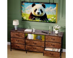 Tv-meubel voor tv's tot 63 inch-dressoir voor slaapkamer en woonkamer-8 lades en een plank- metalen frame-en ledstripverlichting-bruin