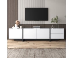 tv meubel - voor woonkamer - 190x35x45 cm - hoogglans wit en zwart - colorblock design met deuren en lades - deuren met interne legplanken