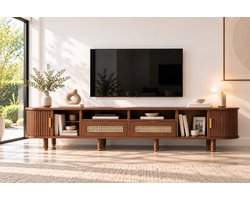 TV Meubel Walnoot 170 cm – Ovaal Lowboard met 2 Rotanlook Lades en 2 Schuifdeuren