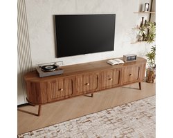 Tv Meubel Walnoot 180 cm - Retro Tv Kast Hout - Laag Tv Dressoir - Met 4 Klepdeuren - 180x38x47 cm - Opbergruimte Voor Apparatuur - Woonkamer Walnoot
