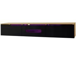 TV-meubel wandkast zijkast kan geplaatst of bevestigd aan de muur worden Uitgerust met kleurveranderende LED-verlichting en 3 opslagcompartimenten Geschikt voor TV's van 50-59 inch Ontworpen met een hoogglansoppervlakte 180x35x30 cm Houtkleur