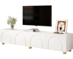 tv meubel Wit 180x35x40 cm - 4 Deuren met 3D-Boogreliëf - Ruime Opbergkast voor Woonkamer - Modern Minimalistisch Design - Ronde Metalen Poten - Draagvermogen 60 kg - Duurzaam PB en MDF