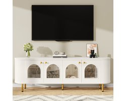 Tv-Meubel Wit-Goud - Modern Lowboard 170 cm met Glazen Deuren en Kabeldoorvoer - Tv-Kast met Gouden Handgrepen en Poten - Geschikt voor 50-59 Inch Tv