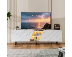 TV Meubel Wit Marmer Look 220 cm – MDF TV Kast met LED & 4 Deuren – Zwarte Metalen Poten