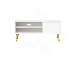Tv-meubel, zijkast, opbergkast 120×40×49 cm wit + houtkleur, geschikt voor tv's tot 55 inch, industrieel design, open en gesloten opbergruimte, stabiele houten poten, ideaal voor de woonkamer