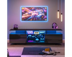 Tv Meubel Zwart met opbergruimte en gehard glas - 160 x 40 x 45cm - Vrijstaande tv kast met LED verlichting - Geschikt voor tv tot 70 inch