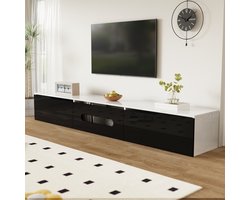 Tv-meubel zwart-wit - 180 x 35 x 30 cm - glanzend oppervlak - met 16-kleuren LED-verlichting - wandmontage