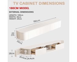 TV Meubel Zwevend van Massief Hout 180cm – Wandgemonteerde Mediabank met Klepdeuren & Kabelmanagement – Moderne Opbergkast voor Woonkamer of Kantoor – Wit – Medahomestore
