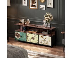 TV meubels 108x29x57 cm - Tv-meubel - kastje - RGB LED-lichtstrip - Drie opberglades - Metalen frame - Houtnerfpatroon - Verstelbare poten - Grote opbergruimte - Vintage stijl - Veelkleurig