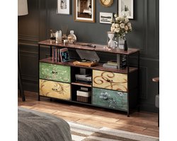 TV meubels 108x29x76 cm - TV-meubel - TV-kasten - RGB LED-stripverlichting - Houtnerf afwerking - Stoffen lade - Metalen frame - Massief houten blad - 4 lades - Grote opbergruimte - Moderne stijl - Veelkleurig