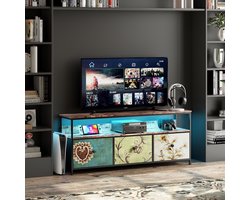 TV meubels - kastje - RGB LED-lichtstrip - Drie opberglades - Metalen frame - Houtnerfpatroon - Verstelbare poten - Grote opbergruimte - 108x29x57 cm - Vintage stijl - Veelkleurig