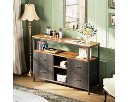 TV meubels - TV-kasten - RGB LED-stripverlichting - Houtnerf afwerking - PU-leren oppervlak - Metalen frame - Massief houten blad - 4 lades - Veel opbergruimte - 29x137x78 cm - Moderne stijl - Zwart