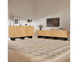 TV-meubelset met dressoir - TV-meubel 180 x 38,5 x 45 cm voor tv tot 75 inch - Dressoir 140 x 40 x 70 cm - Zwarte accenten - Natuurhoutkleur