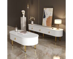 TV Meubelset – Tv Meubel – Salontafel – Lowboard – Woonkamermeubel – Afgeronde Vormen – Gouden Accenten – MDF Wit – Ruime Lades