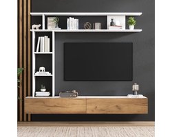 TV Meubelset – TV Meubel – Woonkamermeubel – Wandmeubel – Opbergkast – 180 cm breed – Wit en Hout – Geschikt tot 80 inch
