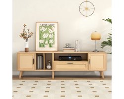 TV opbergkast, TV kast,Ruime 180-cm TV kast met rotan decoratie, 2-deuren en een lade, massief houten poten, biedt ruimte voor een 80-inch TV,