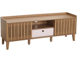 TV-rek MCW-M48, lowboard TV-meubel, schuifdeur 56x150x40cm ~ naturel, lade wit
