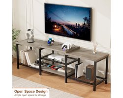 TV-standaard in industriële stijl- voor een 70-inch televisie- met ledstrip-4 open opbergvakken en een metalen frame- grijs