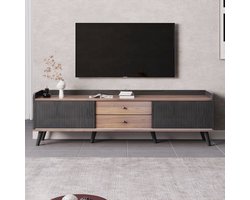 TV-tafel- met twee laden-lowboard laag paneel met twee schuifdeuren -bruin en zwart houtkleur