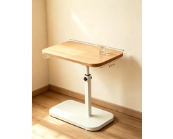Tv-tafeltje met een minimalistisch blad van natuurlijk hout en een wit frame geschikt voor bij de bank draaibaar en in hoogte verstelbaar perfect om aan te eten of een laptop te gebruiken in de woonkamer