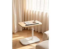 Tv-tafeltje met een minimalistisch blad van natuurlijk hout en een wit frame geschikt voor bij de bank draaibaar en in hoogte verstelbaar perfect om aan te eten of een laptop te gebruiken in de woonkamer Bureauformaat 30*40 cm
