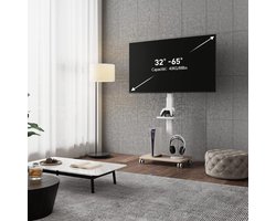 Tv-vloerstandaard, oprolbaar met houten plank, tv-standaard, televisiestandaard met wielen, in hoogte verstelbaar, zwenkbaar, voor 32 tot 70 inch flatscreen tot 40 kg. Max.