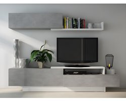 Tv-wand MONTY met opbergruimte - Beton en wit L 240 cm x H 71 cm x D 40 cm