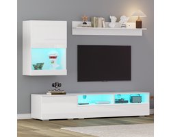 TV-Wandmeubel - 175x39x34 cm - Compleet Set Met Vitrine & LED - TV-Board, Staand & Hangend - Hoogglans - Wit