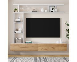 TV-Wandmeubel - 180x35x22,5 cm - Compleet Set Met Vitrines - TV-Board, Staand & Hangend - Hoogglans - Wit + Houtkleur