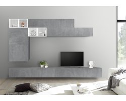 TV-wandmeubel Sako in hoogglans wit met grijs beton