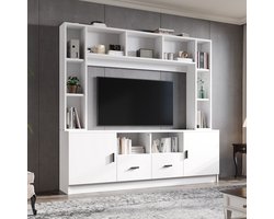 TV-wandmeubel set compleet - Voor woonkamer - 5-delig, 180 cm breed, 170 cm hoog - Wit - 11 opbergvakken, 2 kasten en 2 lades - Soft-close scharnieren - Geschikt voor 60 inch tv