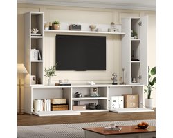TV-woonwand, 4-delig, wit, 180 cm, mediawand met tv-lowboard, 2 wandkasten en wandplank, woonkamermeubelset, staand en hangend, voor tv tot 80 inch