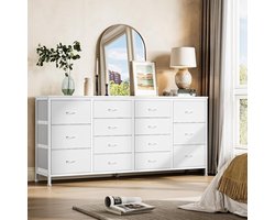 TV‑meubel 160 cm wit met ingebouwde stopcontacten en 14 stoffen lades, anti‑kantelbeveiliging, voor tv tot 75 inch, afmetingen 160 x 75 x 35 cm